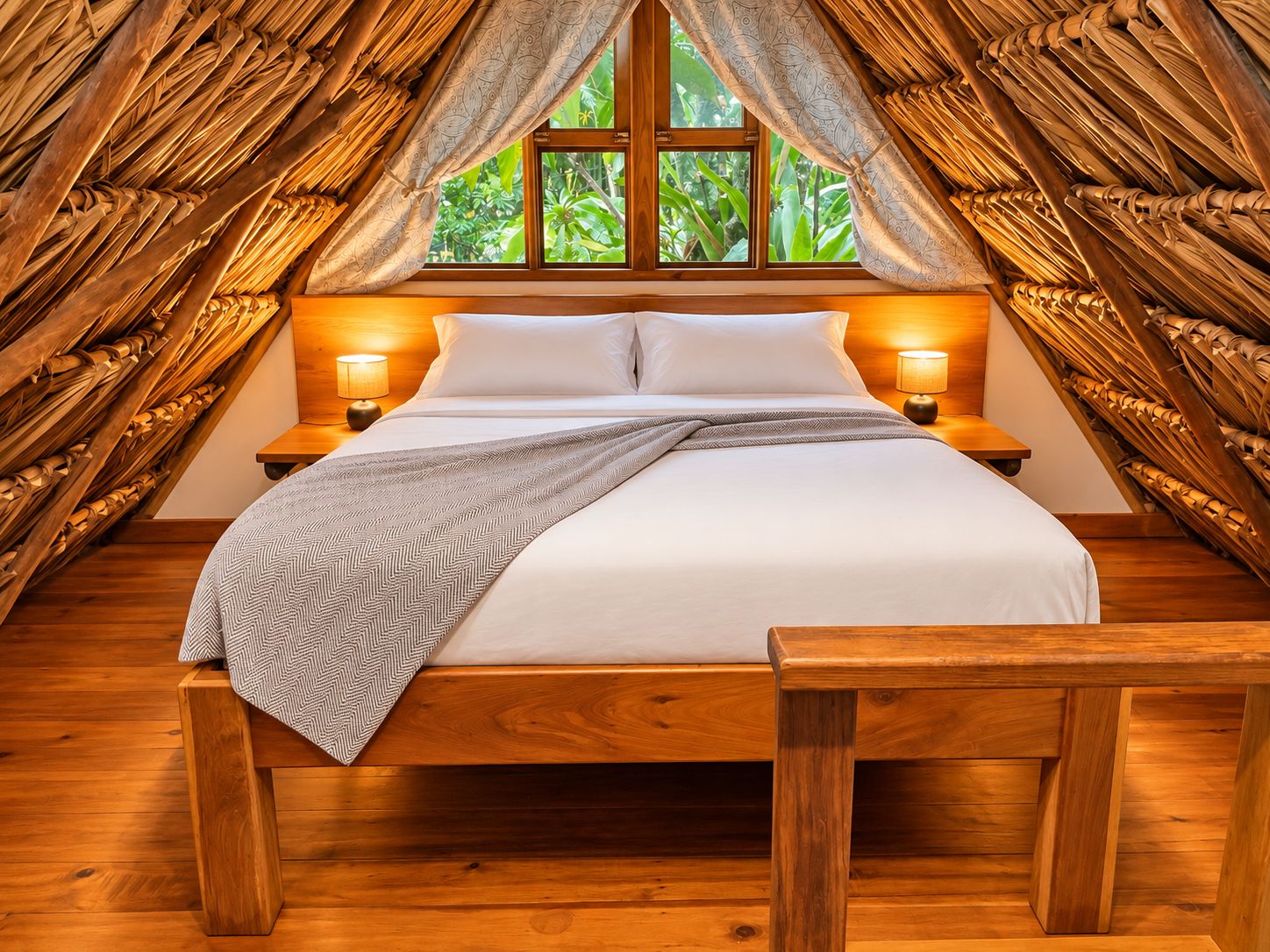 Una cama en una habitación con techo y paredes de madera, una ventana con cortinas y dos lámparas de noche.