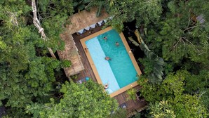 An aerial view of a rectangular swimming pool surrounded by dense tropical foliage, with a wooden deck and a small covered seating area. - Boatique Hotel and Marina (Livingston)