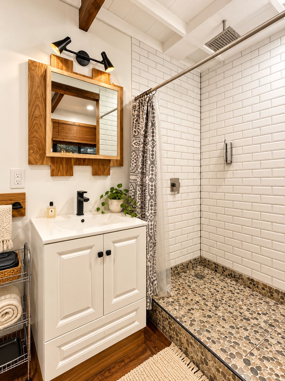 A bathroom with a white vanity, a mirror, a shower with patterned tiles, and a wooden ceiling beam.