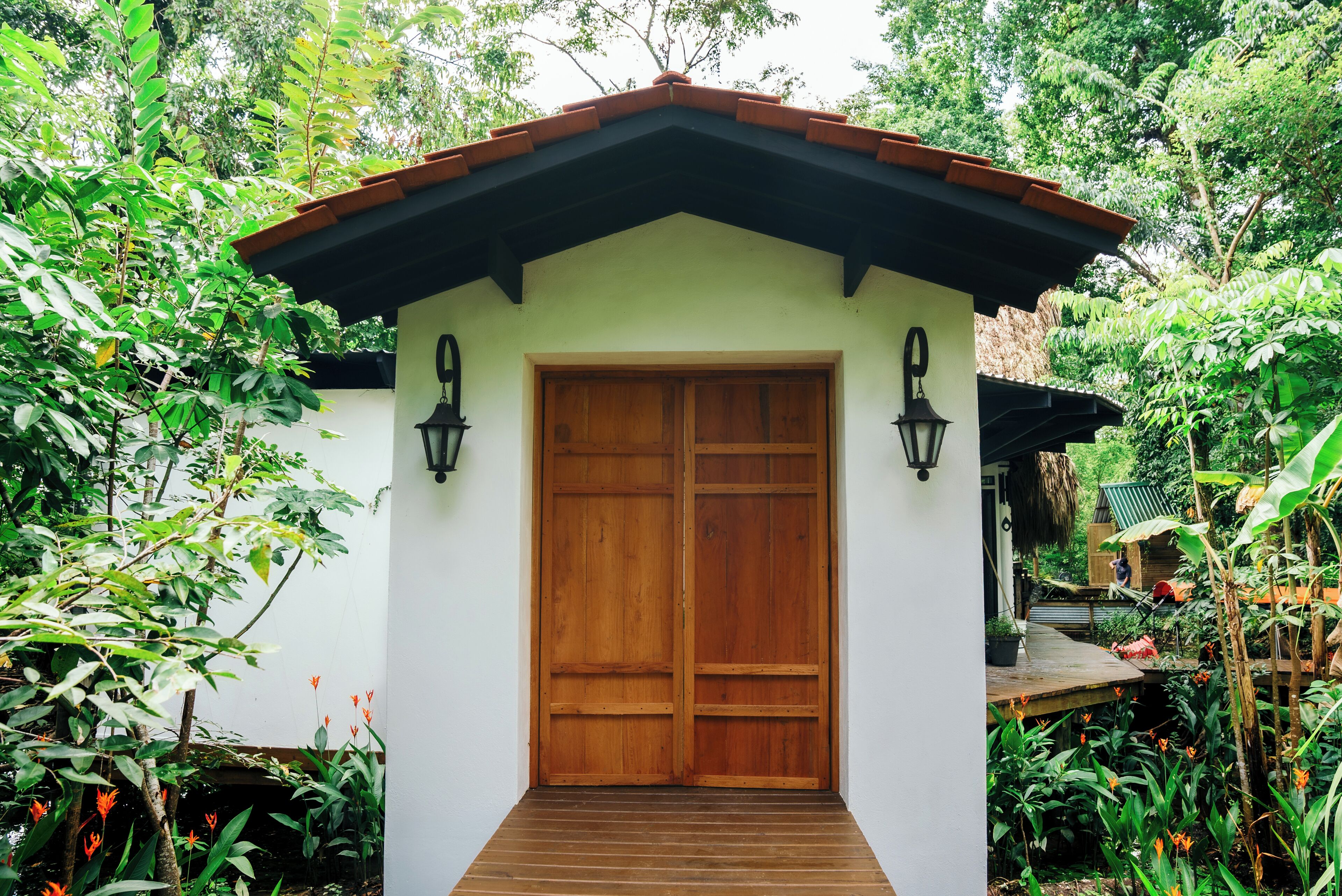 Una puerta de madera con pared blanca y techo oscuro.