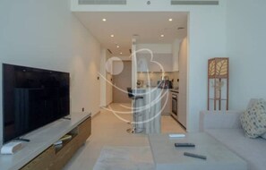Interior - Chic 1-bedroom apartment in pleasant Hartland Waves with AC, fitness room, WiFi (Dubai)