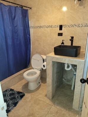 Shower, towels, soap, toilet paper