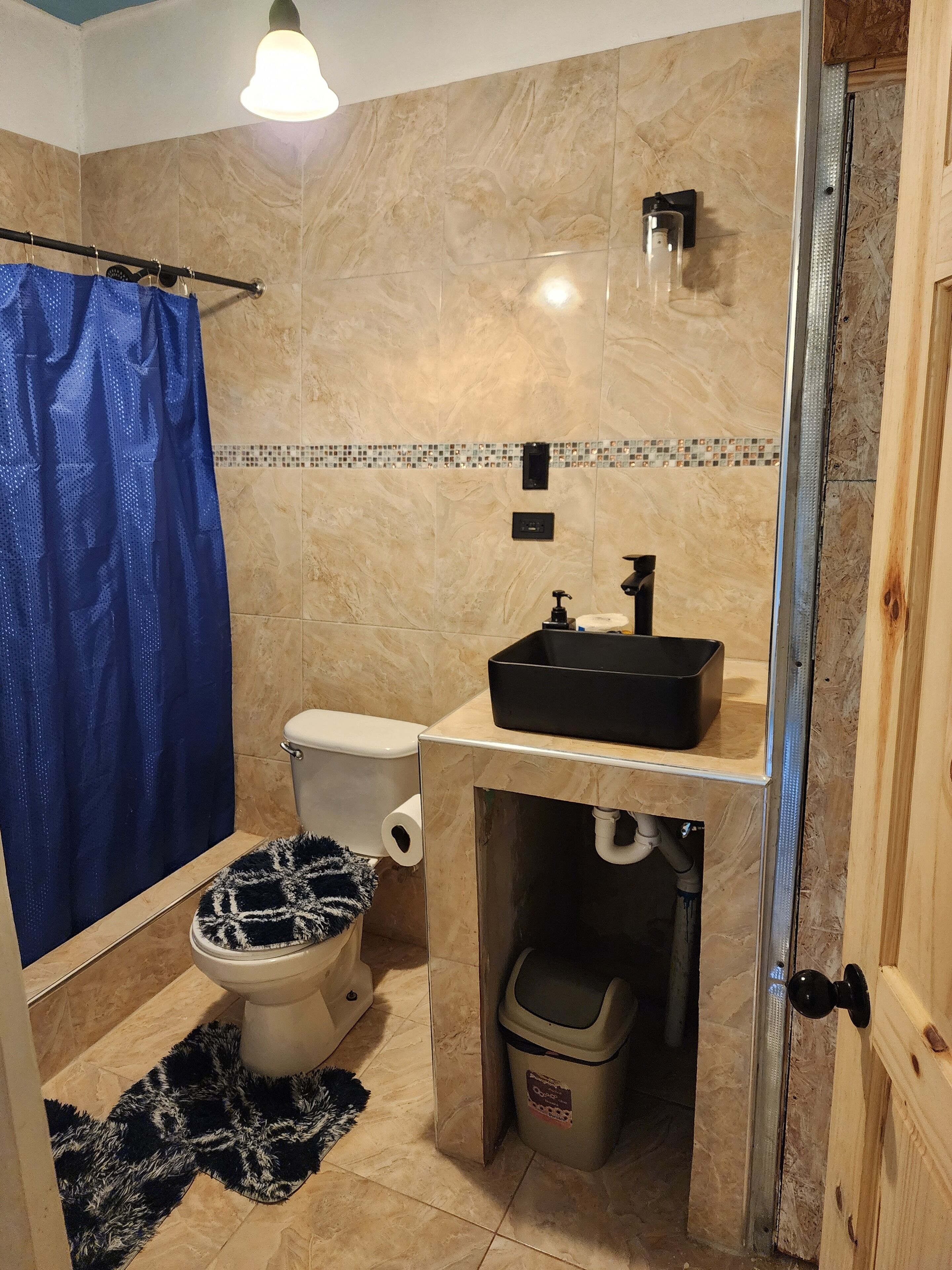 Shower, towels, soap, toilet paper