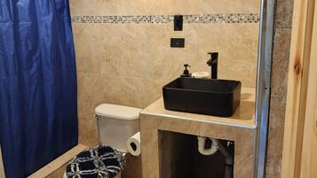 Shower, towels, soap, toilet paper