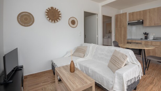 A modern living room with a sofa, coffee table, and TV. A kitchen area is visible in the background. - L'Essentiel du KM22 - Appt avec terrasse et jardin (Petit-Bourg)