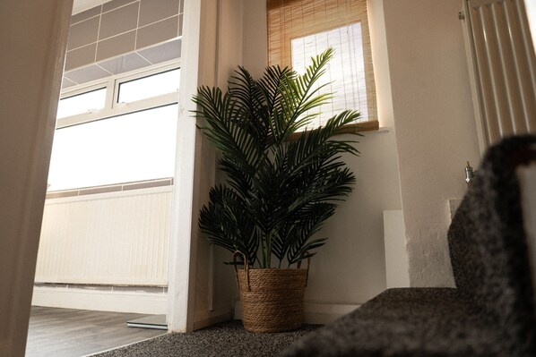 A corner of a room with a potted plant, a window with blinds, and a door leading to a garage.