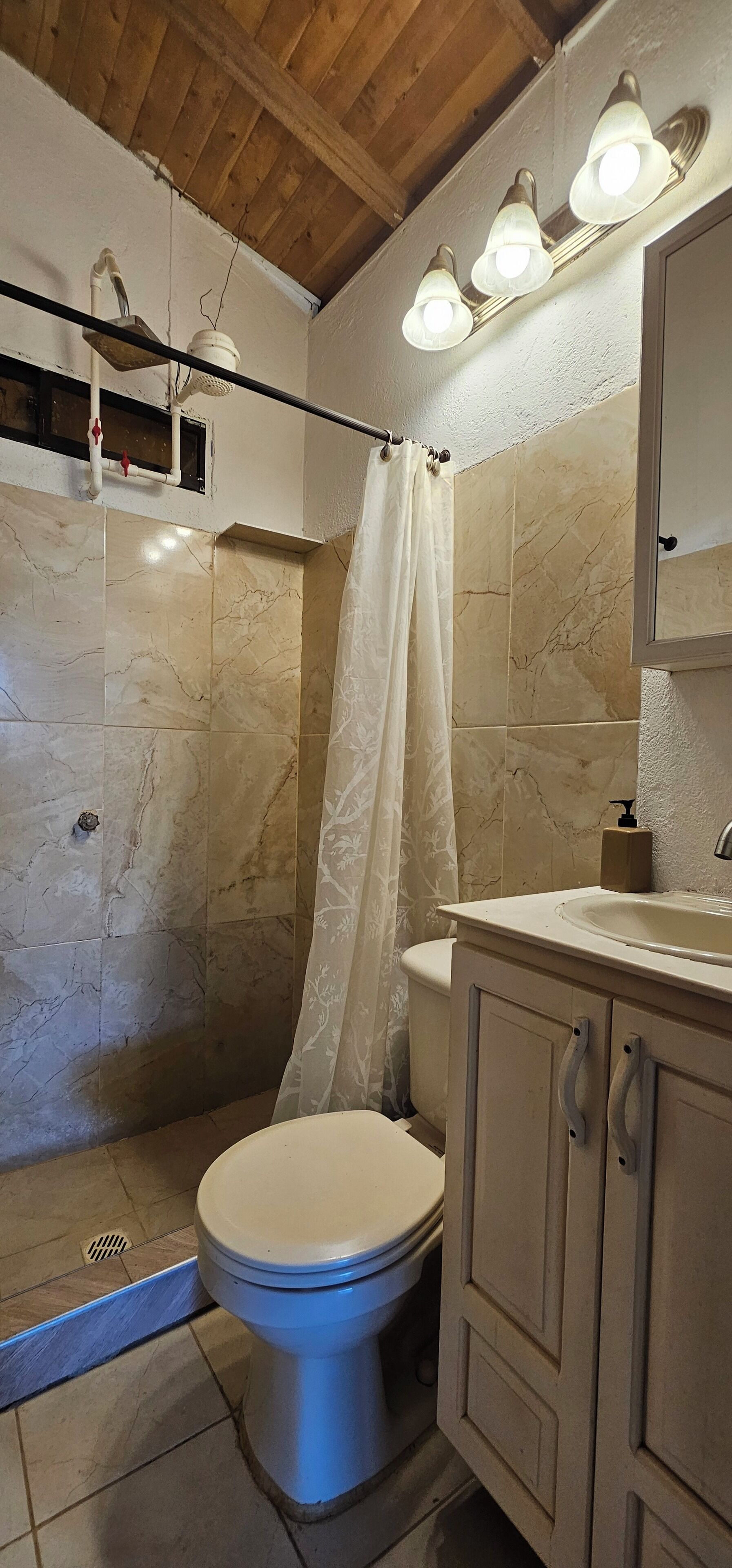 Secadora de cabello, toallas, jabón, papel de baño 