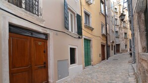 Una estrecha calle adoquinada bordeada por edificios con puertas y contraventanas de madera, evocando un ambiente histórico o tradicional.
