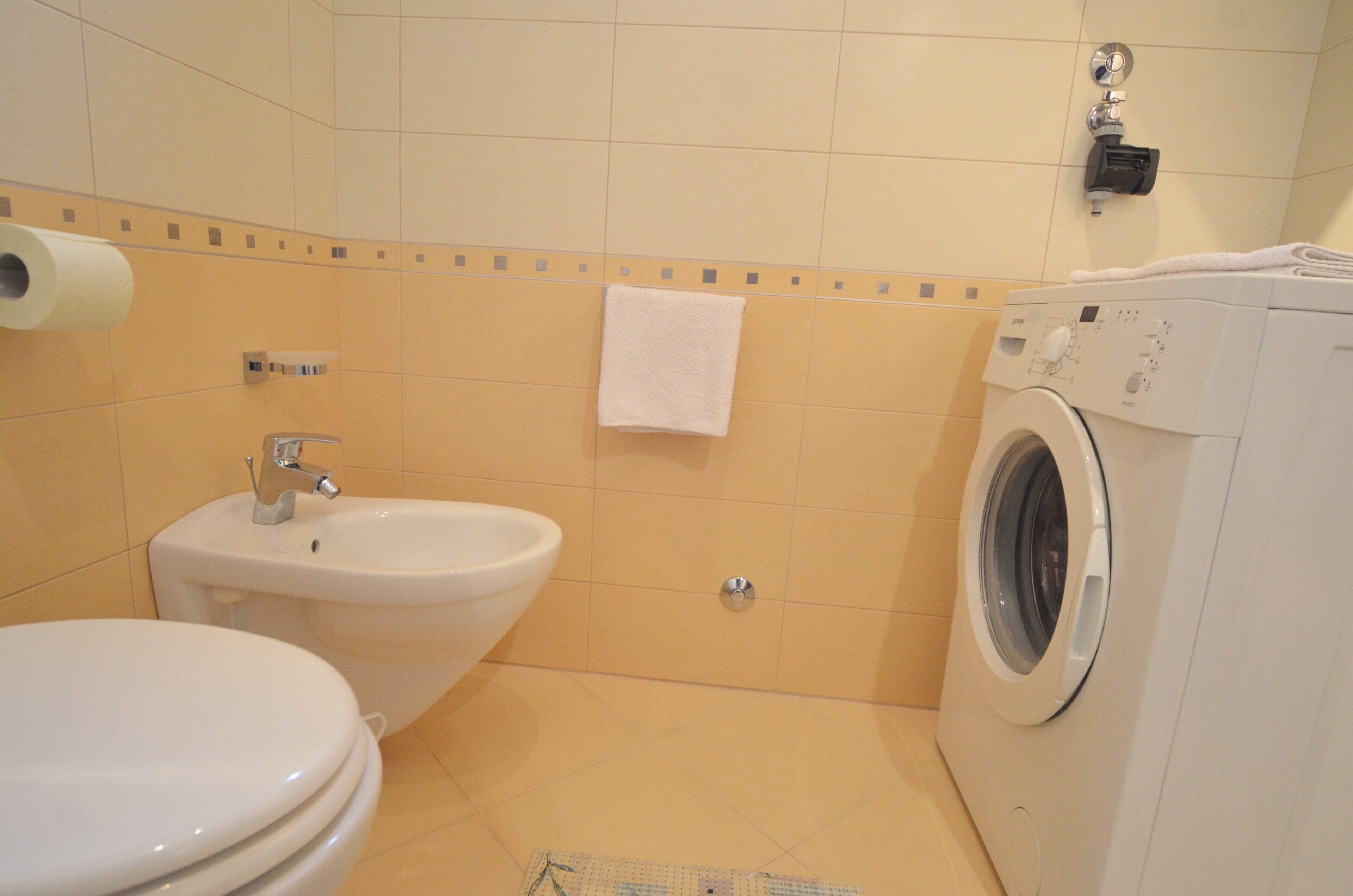 A bathroom with a toilet, bidet, and washing machine.