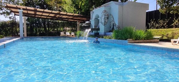 A swimming pool with a waterfall feature, surrounded by a pergola and a stone structure with a giraffe design.