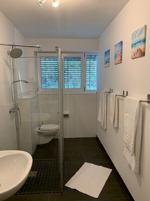 Shower, hair dryer, towels, toilet paper - SeeVital vacation apartment - 4 minutes to Lake Constance. Quiet location with terrace. (Langenargen)