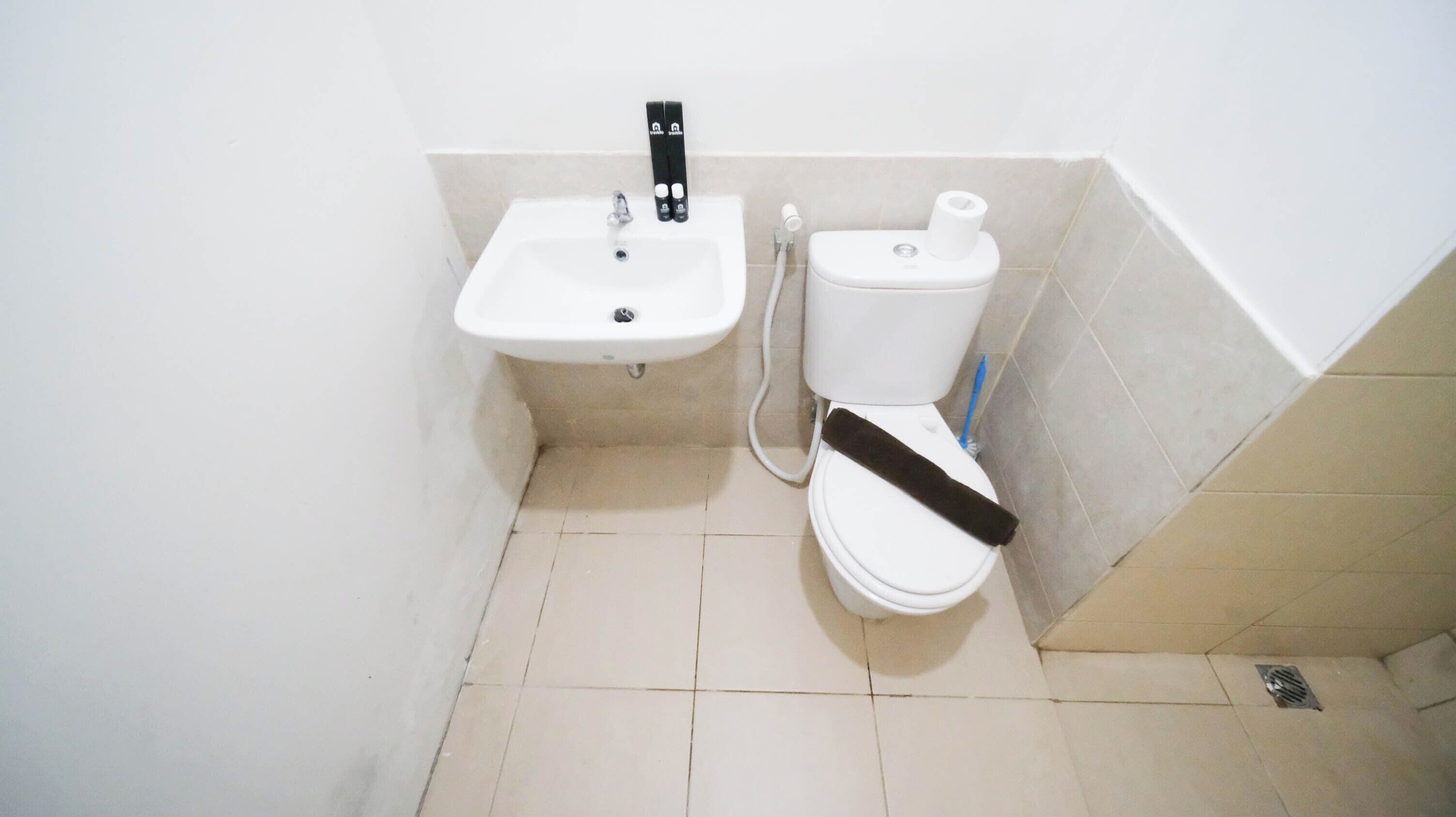 A small bathroom with a white sink, toilet, and a showerhead.
