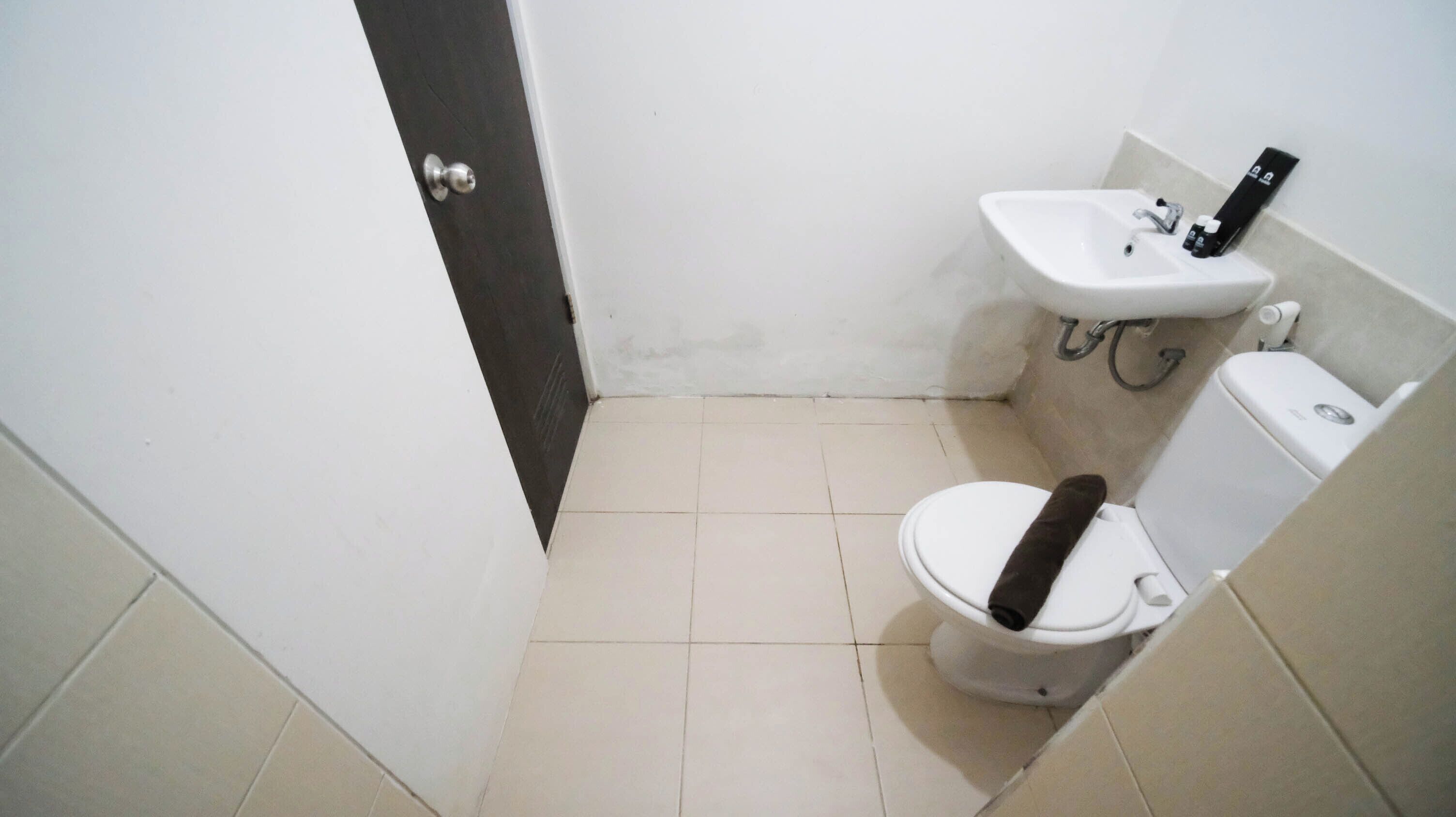 Ein kleines, kompaktes Badezimmer mit Toilette, Waschbecken und einer Tür.