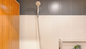 Eine Dusche mit Duschbrause, eine Holztür und ein Regal mit einem Topfpflanzen.