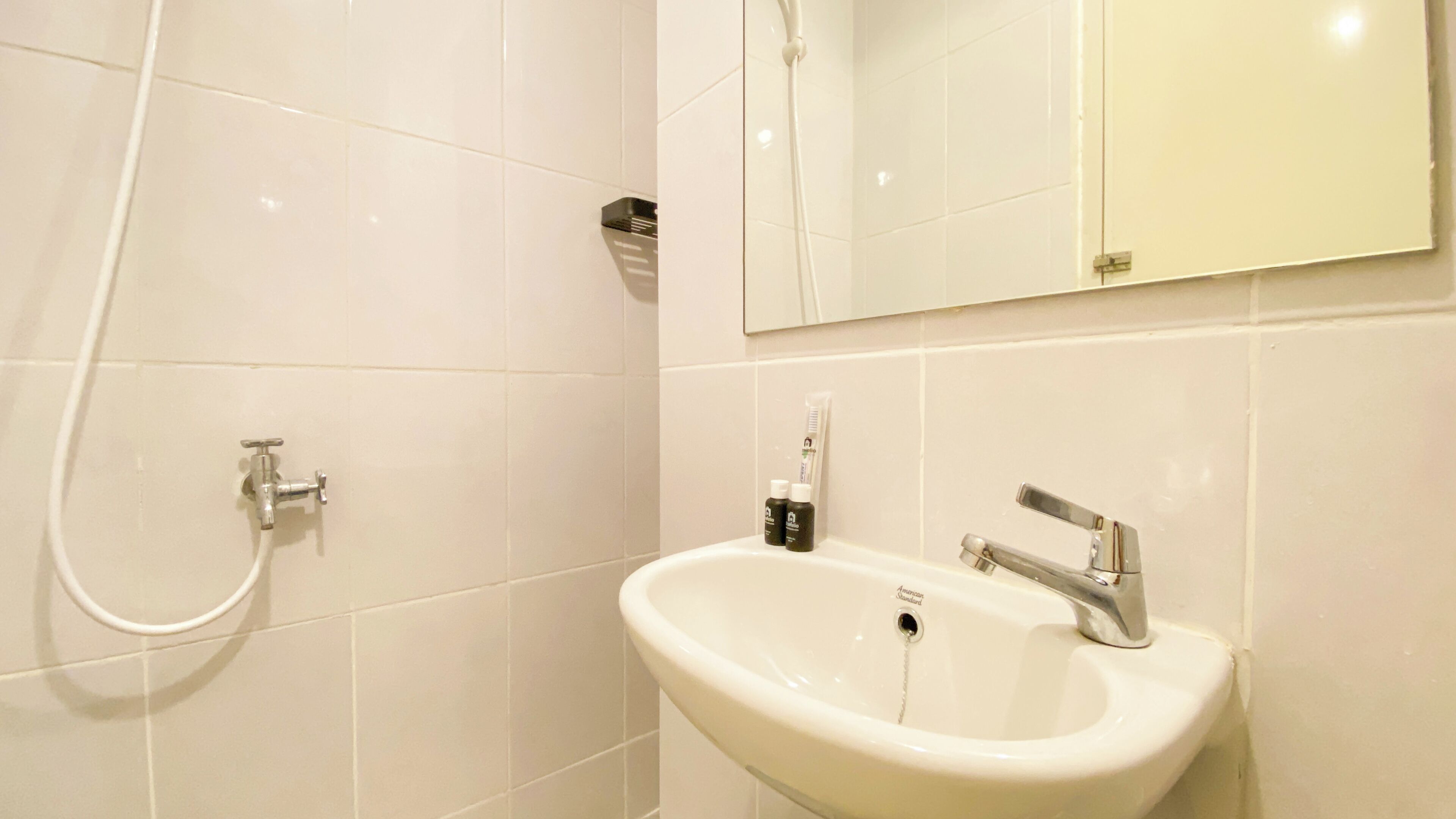 A bathroom with a white sink, a mirror, and a shower.