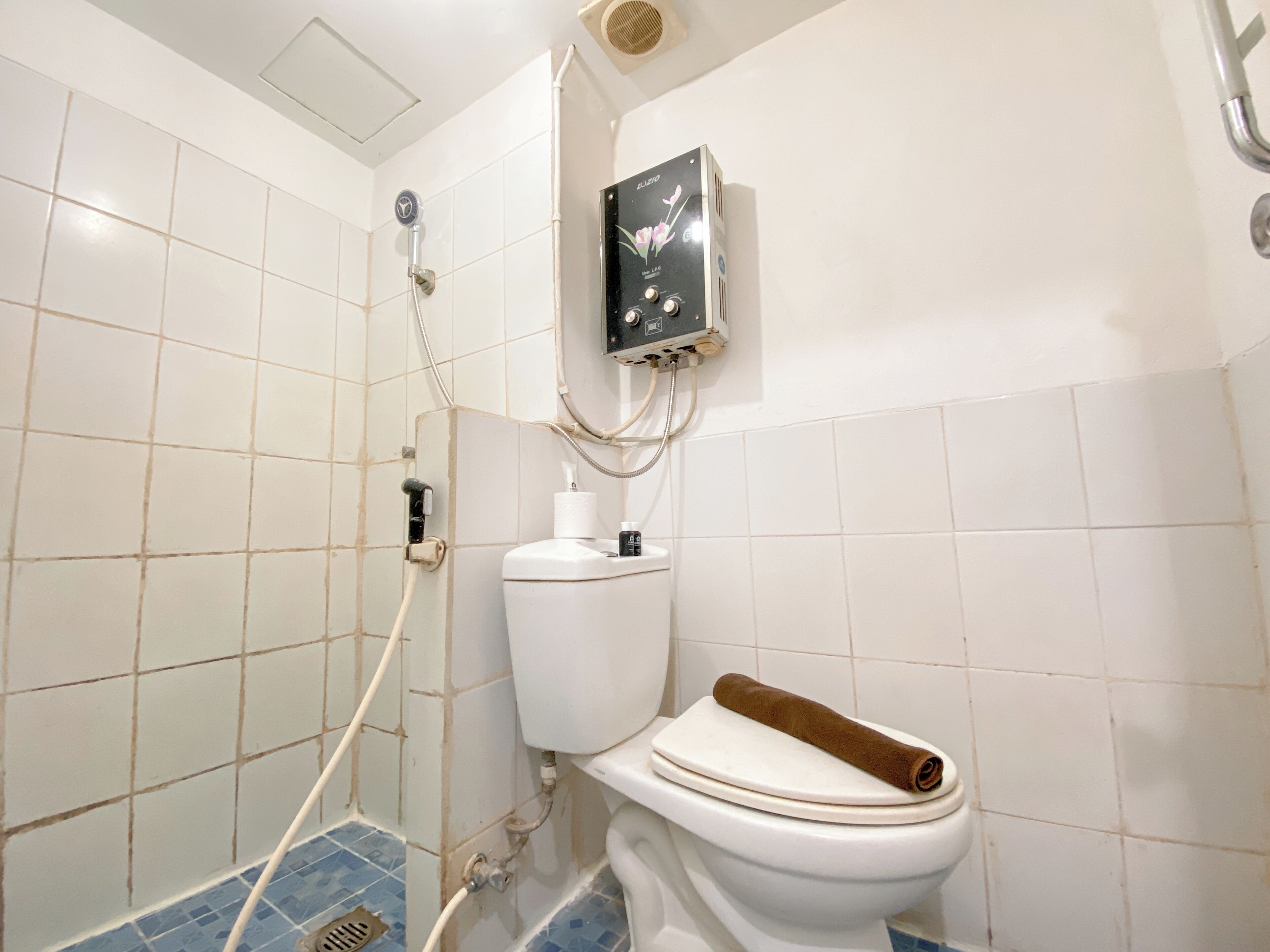 A bathroom with a toilet, a shower, and a toilet paper holder.