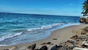 A beach with clear blue water, sandy shore, and a structure with a palm tree.