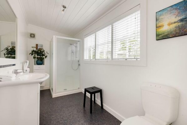 A bathroom with a white sink, toilet, and shower. There is a small black stool and a potted plant. - Hawthorn Cottage - Tamahere (Waikato)