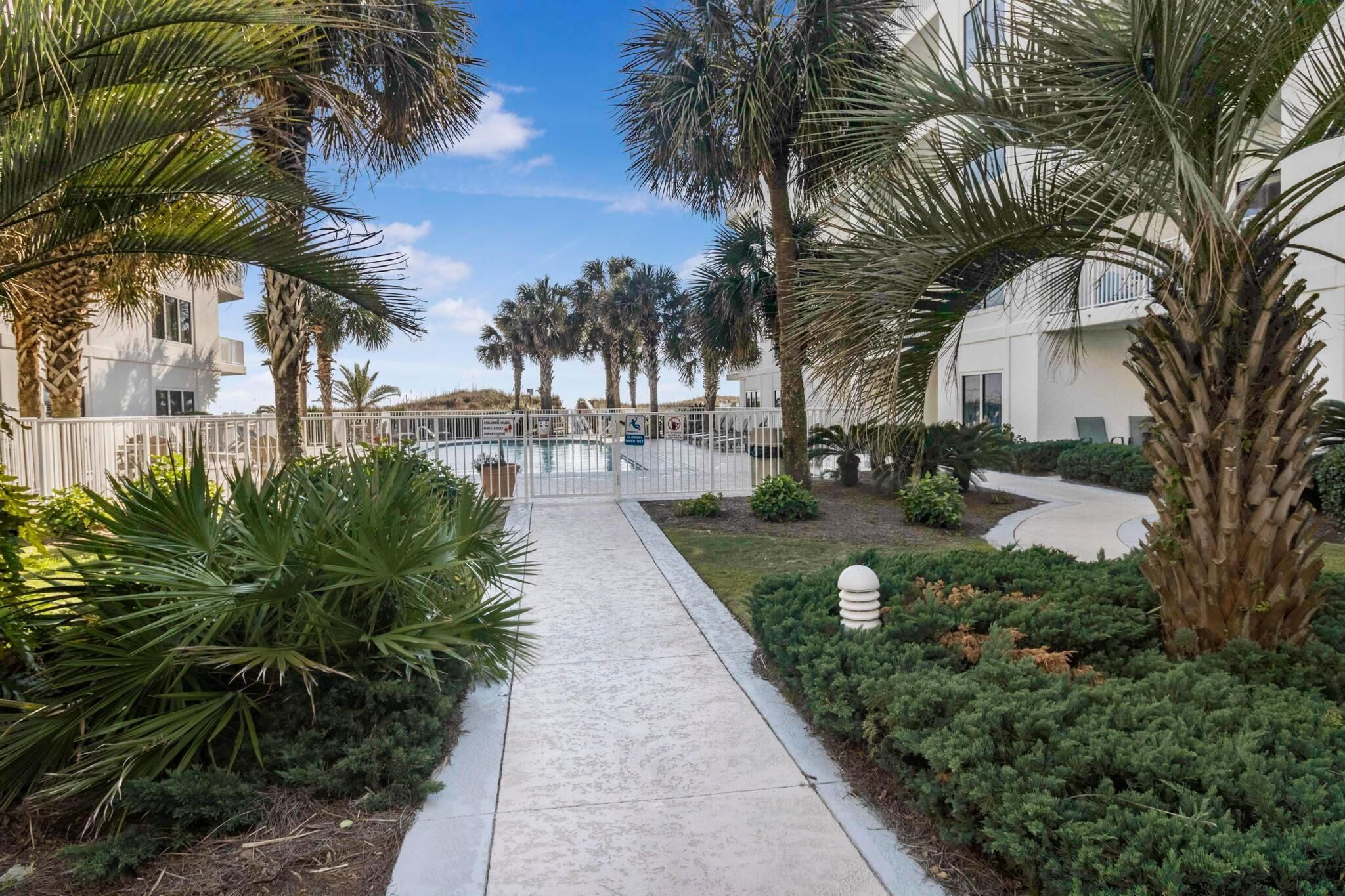 A pathway leading to a gated area with palm trees and a pool.