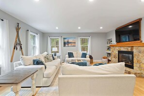 TV, fireplace, DVD player, books