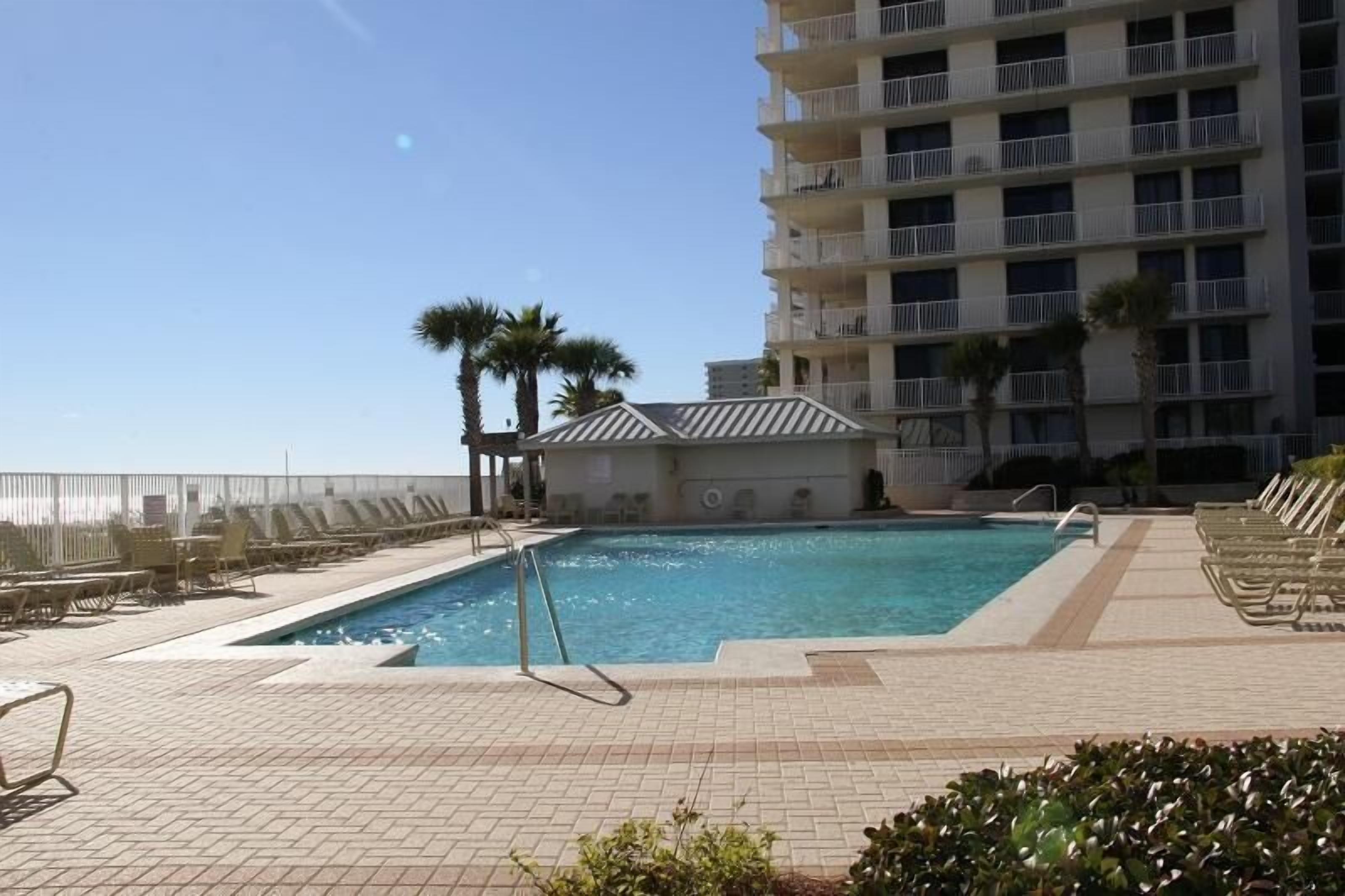 A swimming pool with lounge chairs and palm trees, surrounded by a high-rise building.