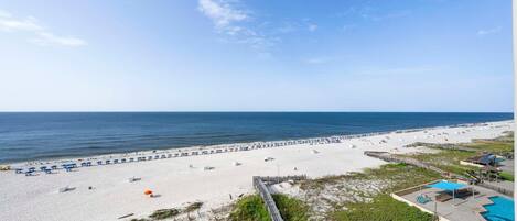 A beach with a long stretch of umbrellas and beach chairs, a wooden boardwalk, and a pool area with lounge chairs.