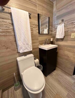 Dusche, Haartrockner, Handtücher, Seife