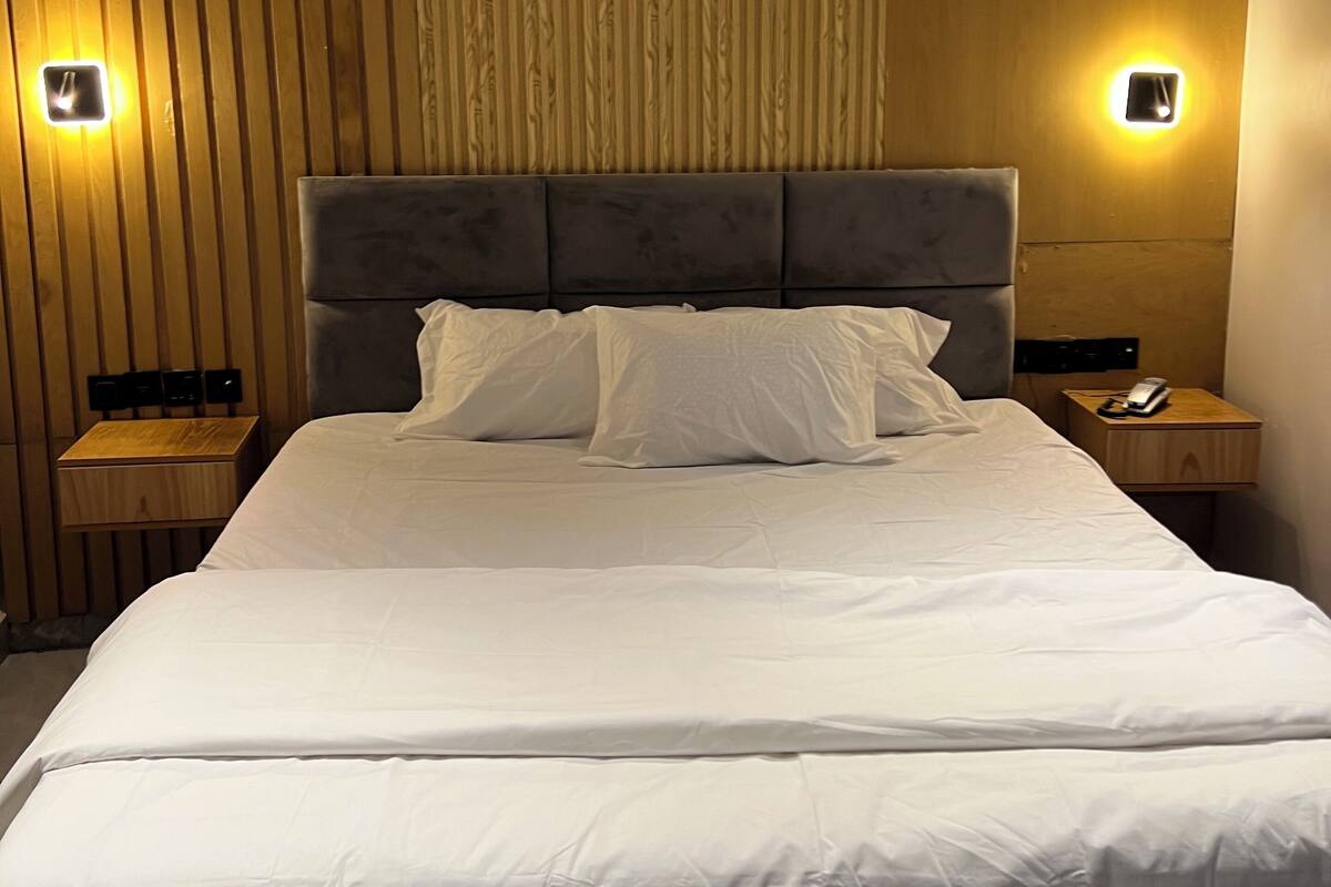 Habitación de hotel con una cama grande, panel de pared de madera y dos mesitas de noche con lámparas.