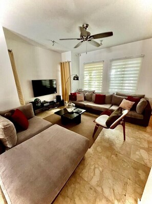 Televisión, chimenea y estéreo 