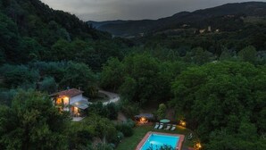 A secluded villa with a swimming pool surrounded by lush greenery and hills in the background. - Casa al Fiume - Villa with private pool (Terranuova Bracciolini)