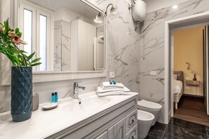 Shower, hair dryer, bidet, towels