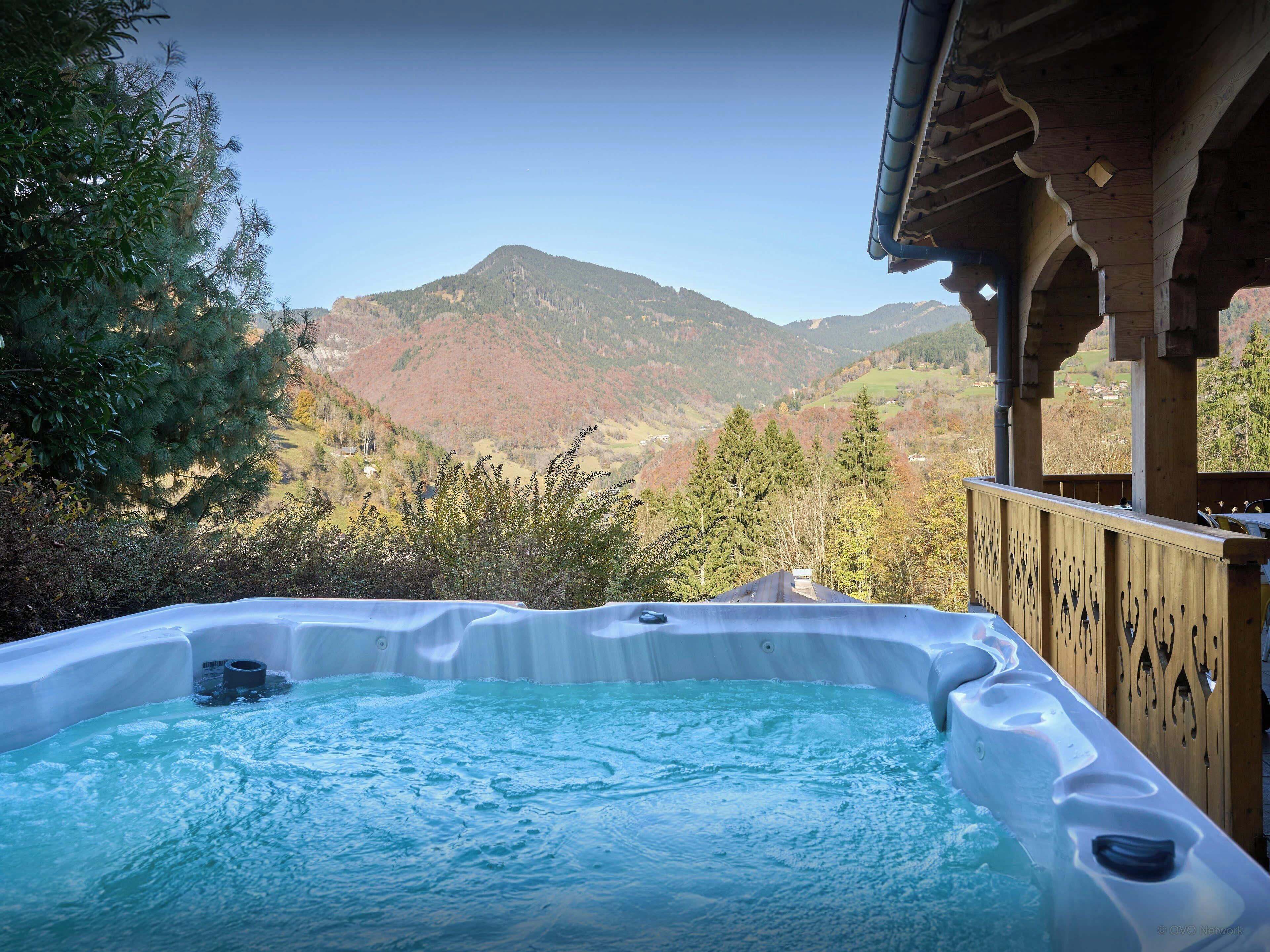 Un bain à remous avec vue sur les montagnes et les arbres.
