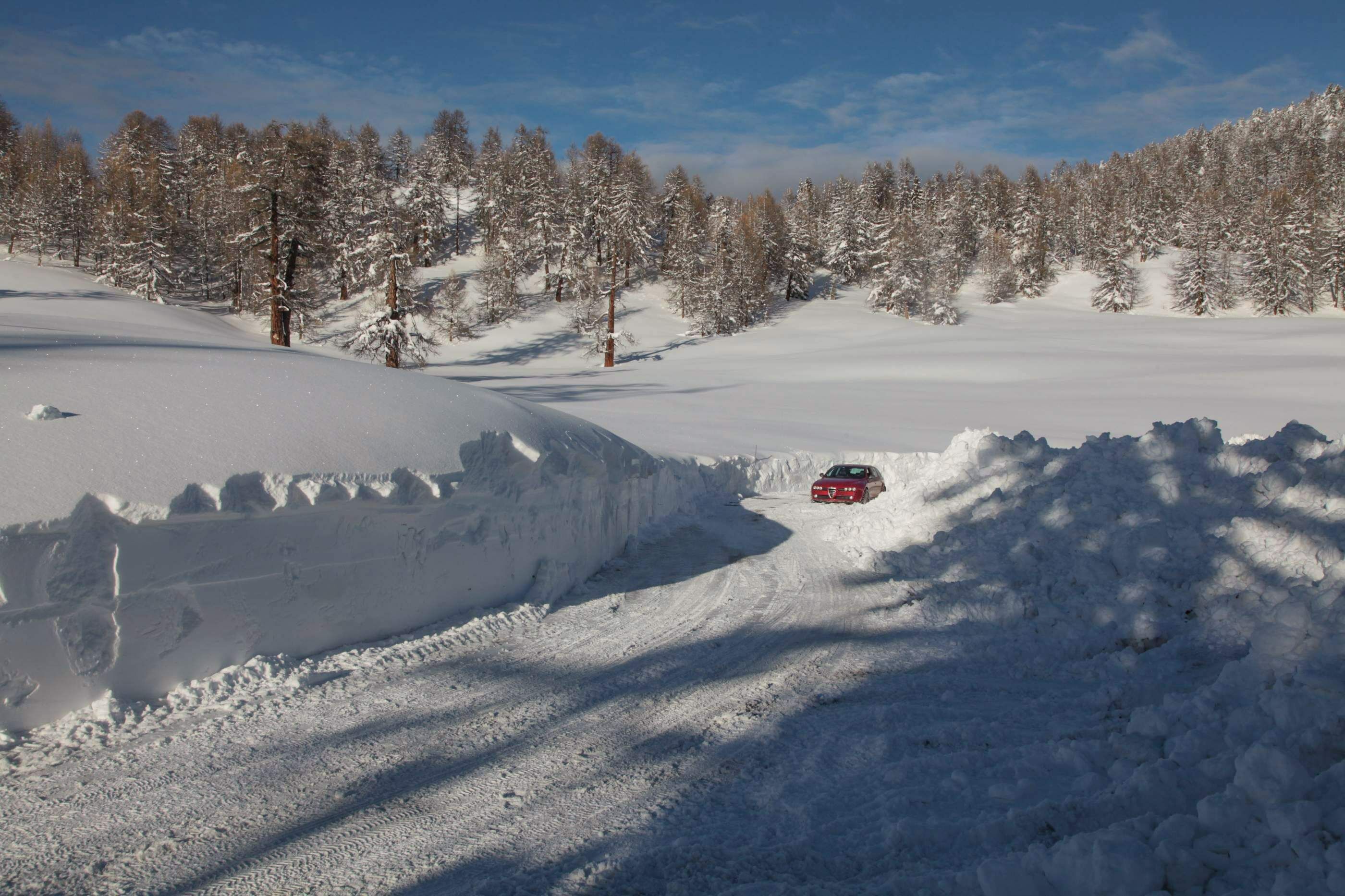 Une route enneigée sur laquelle roule une voiture, entourée d’arbres couverts de neige.