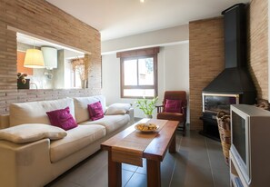 Televisio, takka, DVD-soitin, stereot