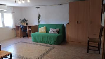Una habitación con un sofá verde, un armario de madera, un escritorio con silla y una planta.
