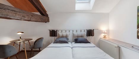 A bedroom with a skylight, two beds, a table with a lamp, and a chair.