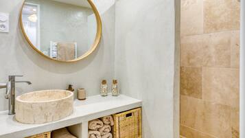 Shower, hair dryer, towels