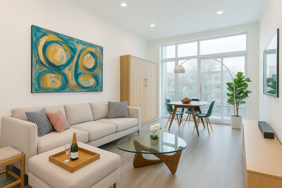 Comfort Apartment | Living area | 65-inch Smart TV with digital channels