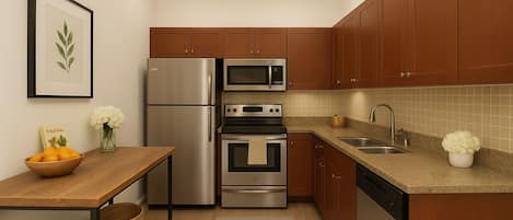 Comfort Apartment | Private kitchen | Fridge, microwave, oven, stovetop
