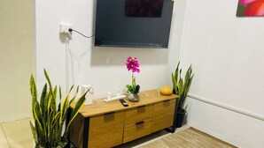 A wooden console table with a flat-screen TV mounted above it, a vase with pink flowers, and two potted plants on either side. - Charming 3-bedroom house with AC and WiFi in amazing Suva (Suva)