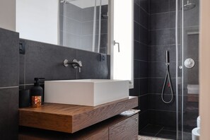 Shower, hair dryer, bidet, towels