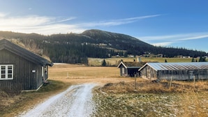 A rural landscape with a wooden building, a dirt road, and a mountain in the background.