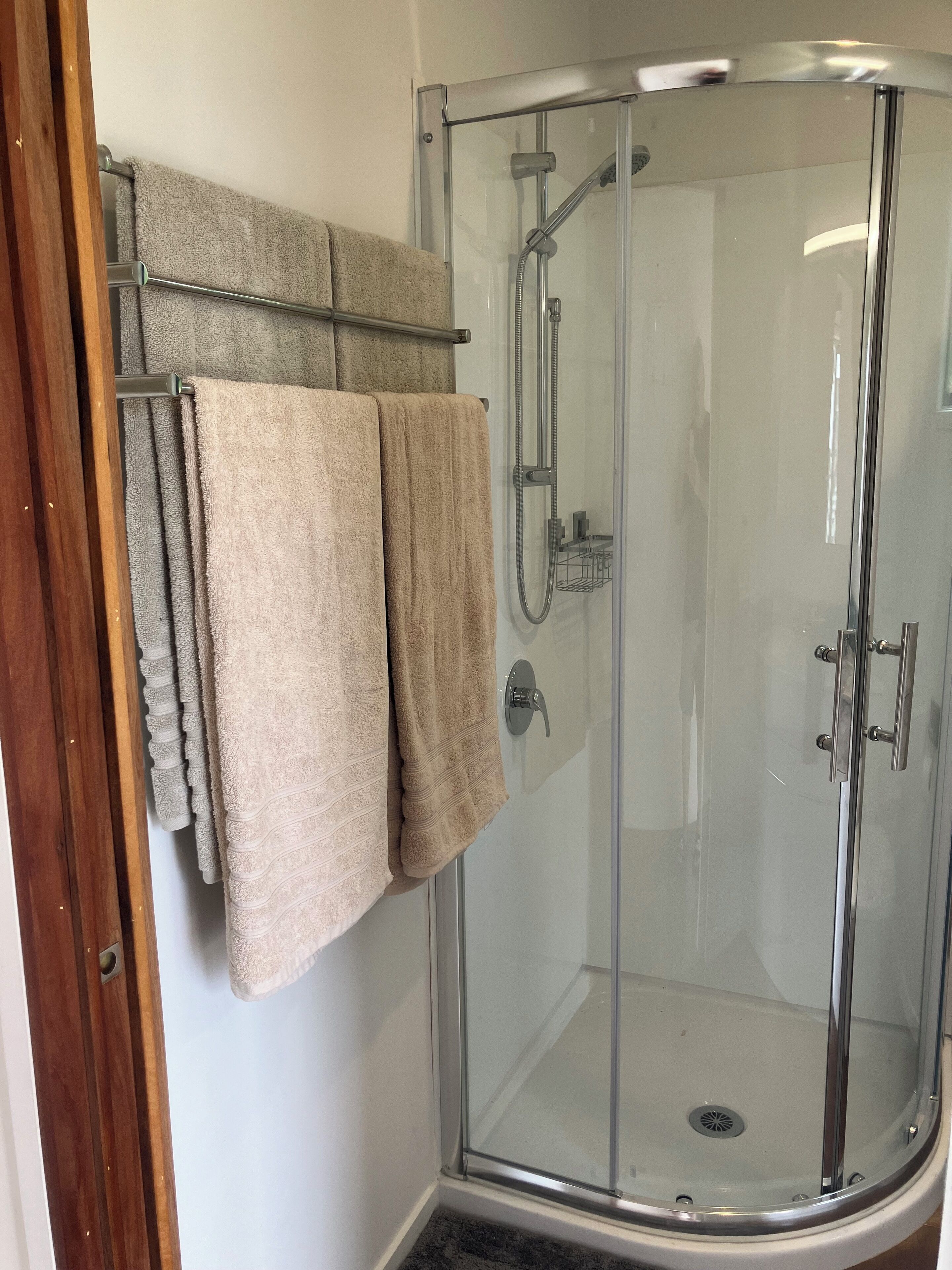 Hair dryer, towels, soap, toilet paper