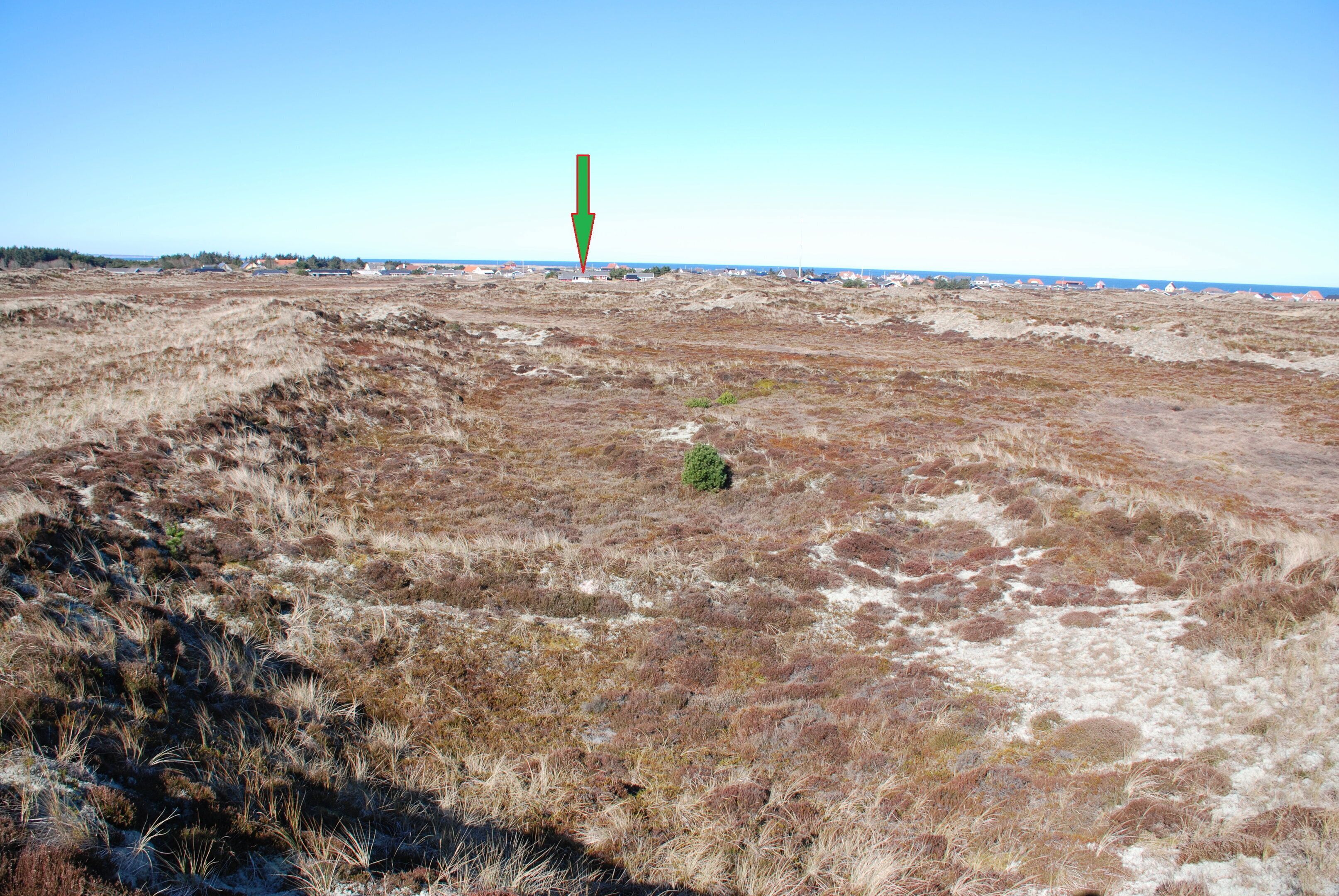 A barren landscape with sparse vegetation and a distant green arrow pointing downwards.