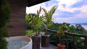 A wooden deck with potted plants and a hot tub.