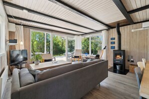A modern living room with a sofa, TV, and a wood-burning stove.