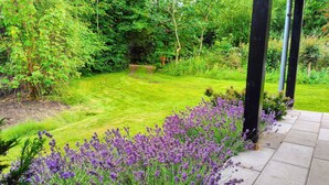 Ein Garten mit Rasenfläche, Lavendelsträuchern und einem Weg.