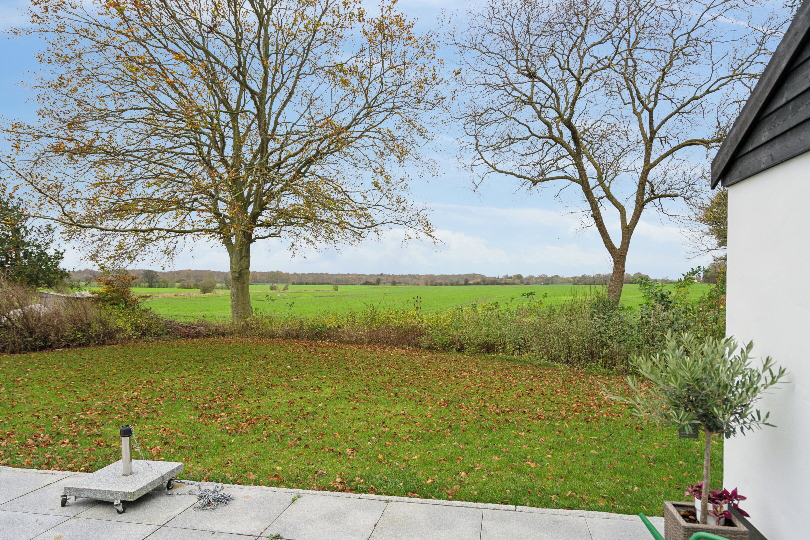 A courtyard with a stone bench, a potted plant, and a view of a green field and trees.