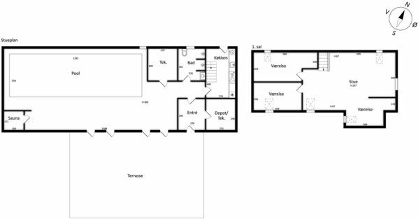 A floor plan with a pool, sauna, and terrace.