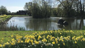 A tranquil riverside setting with a grassy foreground, a pond, and trees in the background. - Lovely holiday home on Lolland (Errindlev)